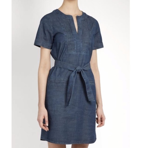 A.P.C. Jess Pleated V Neck Short Sleeve Pocket Belted Shift Denim Jean D… - Picture 1 of 10